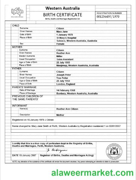 Australia Western Australia birth certificate template in Word format, version 3